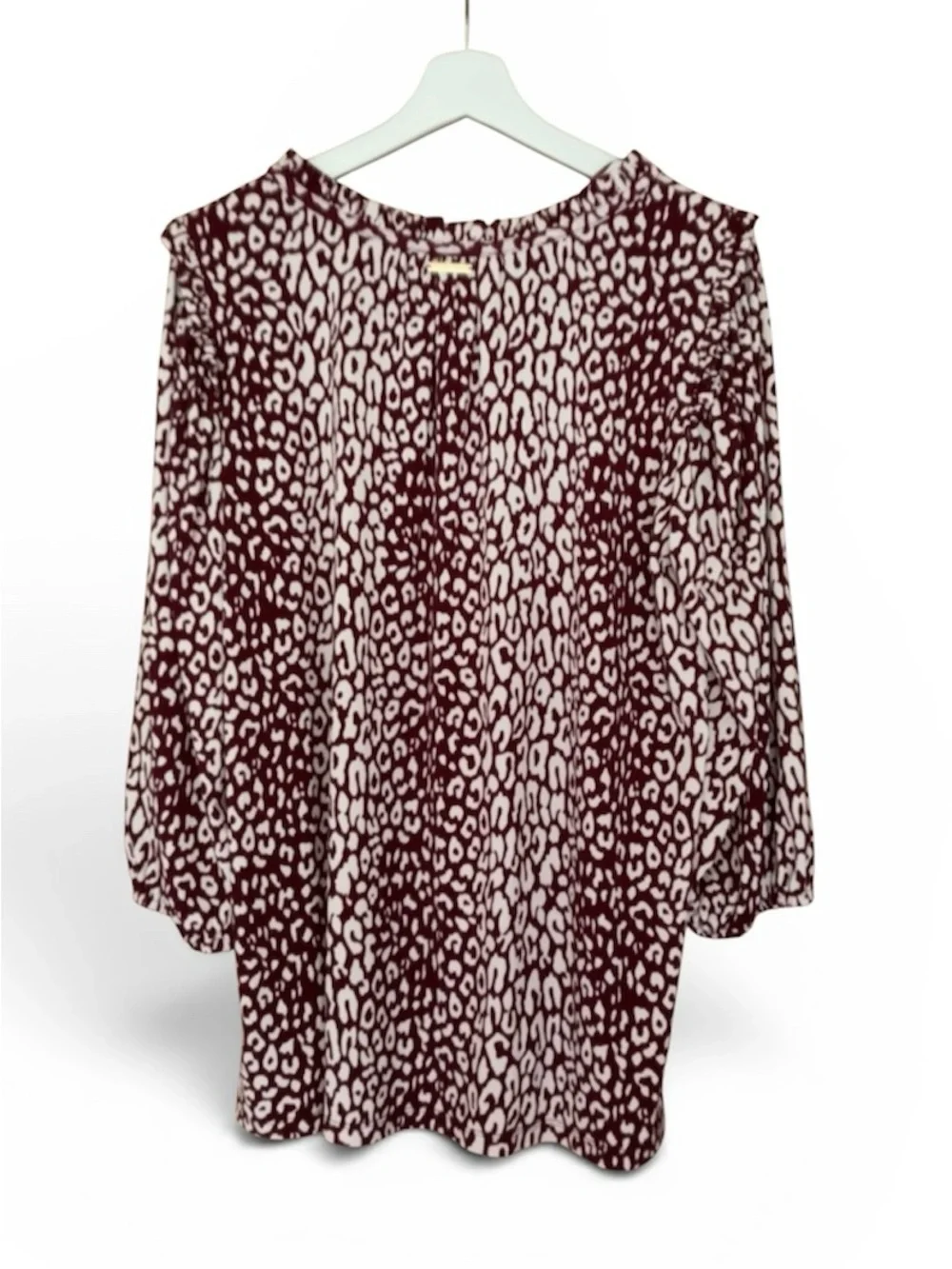Michael Kors Burgundy and Cream Leopard-Print Ruffle Tunic